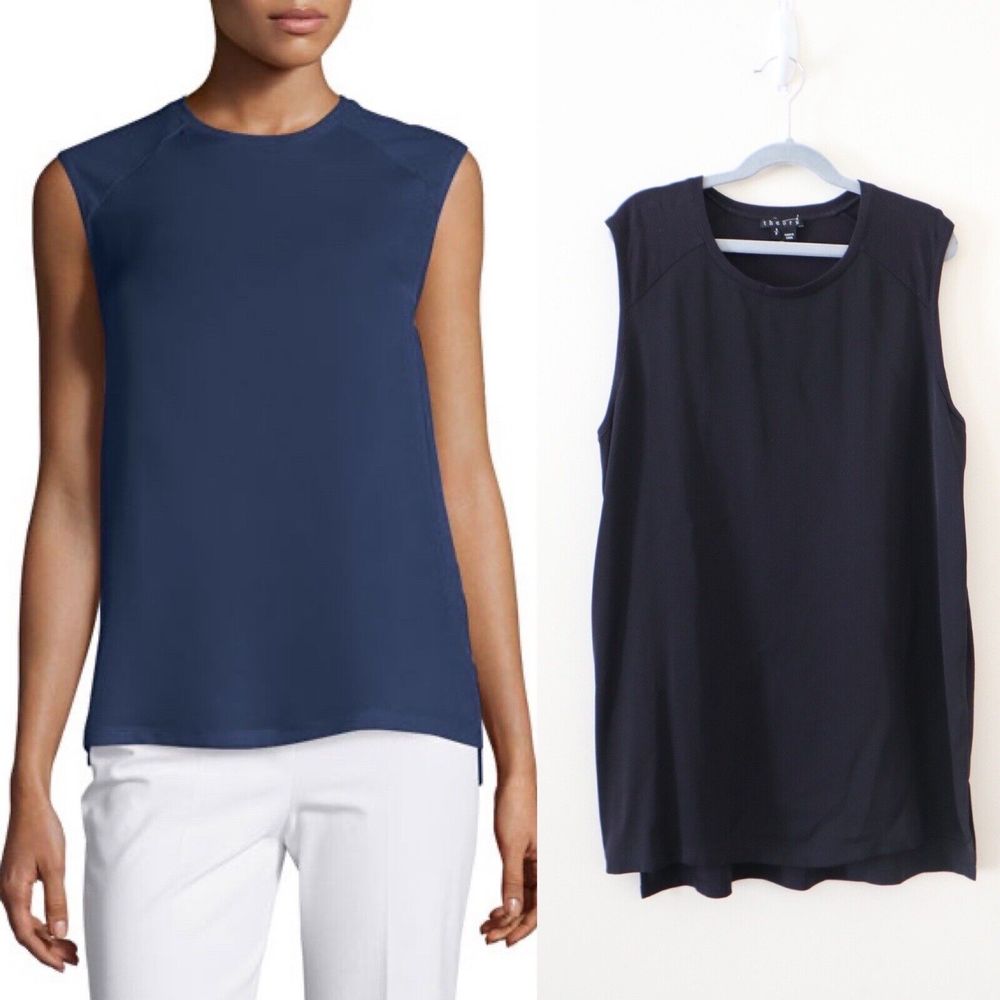 Theory Size S Roliet Modern Silk Satin & Jersey Mixed Tank Top Navy Blue Black
